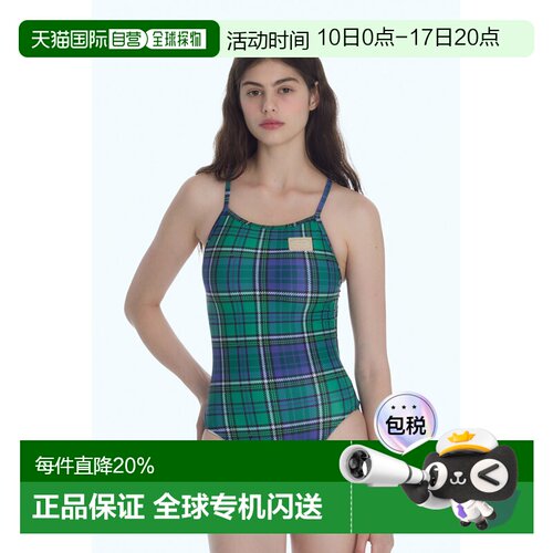 韩国直邮LOOPLOOP绿苏格兰格纹细肩带U背连体泳衣女学院风复古