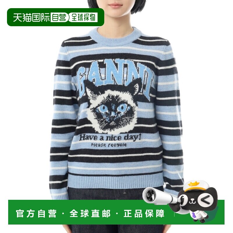 韩国直邮GANNI 蓝色猫咪图案毛衣（A1070266 326） 圆领针织衫