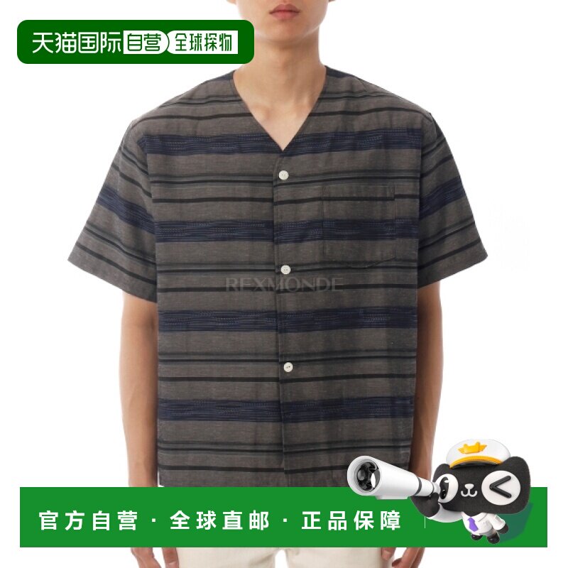 韩国直邮NEEDLES V领衬衫，絣织边饰 - 灰褐色 (SX291) 短袖珠地图片