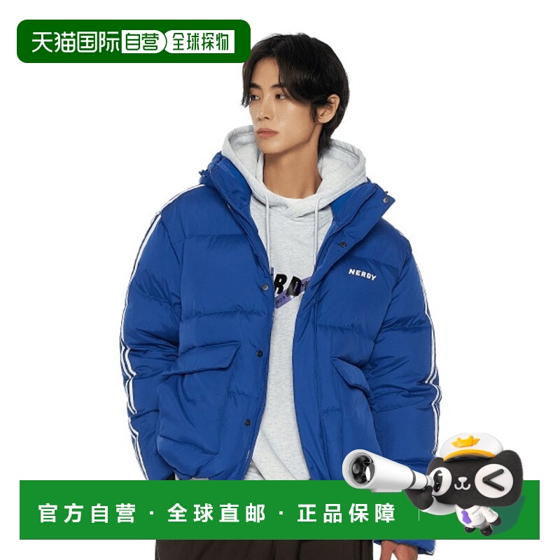 【韩国直邮】NERDY宝石蓝色短款条纹连帽羽绒服鸭绒帽子上衣经典
