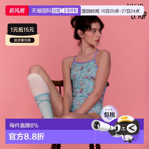 韩国直邮LOOPLOOP薄荷绿田园卡通细肩带连体泳衣女度假显瘦复古