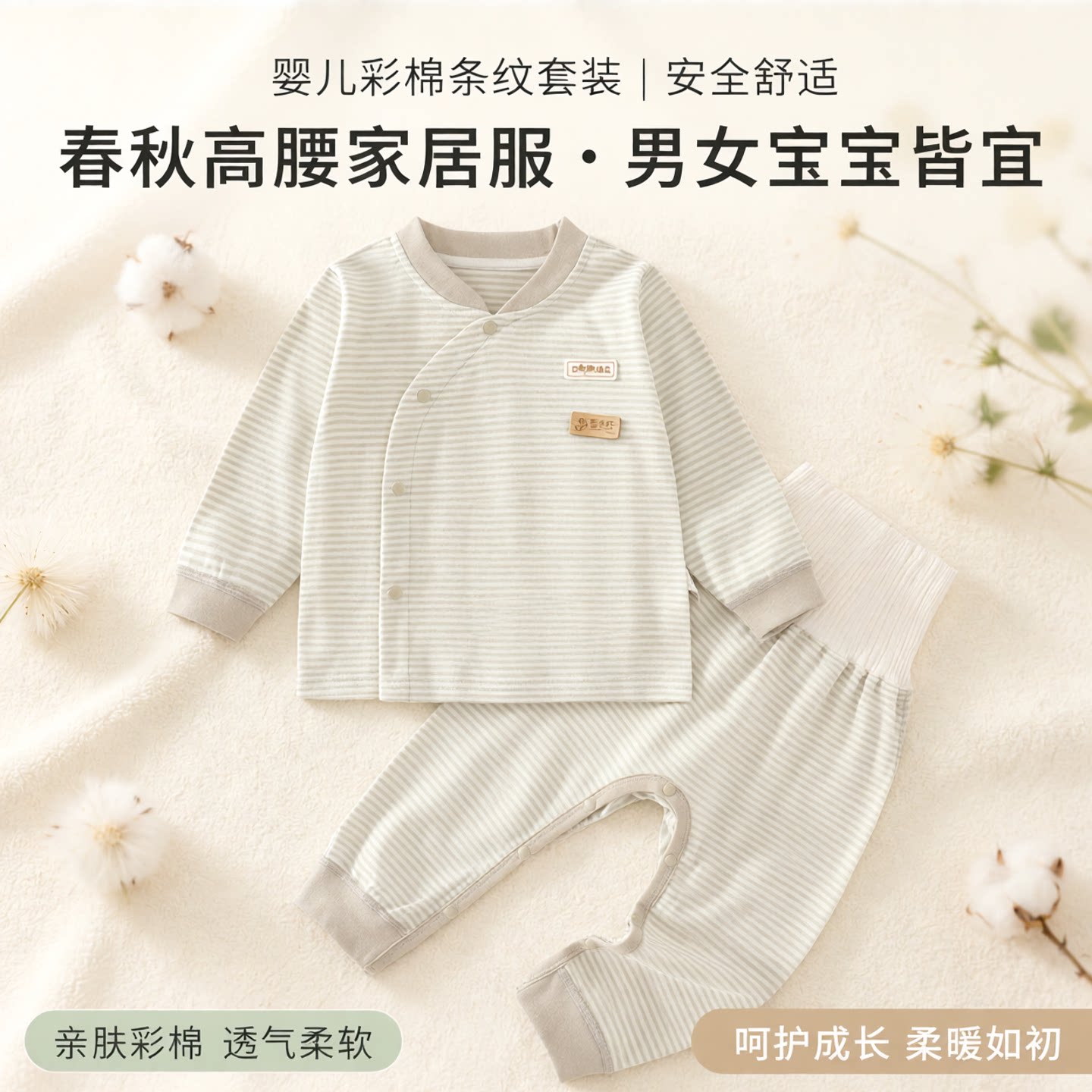 婴儿内衣套装春秋彩棉条纹高腰套装儿童家居服男女宝宝秋衣秋裤