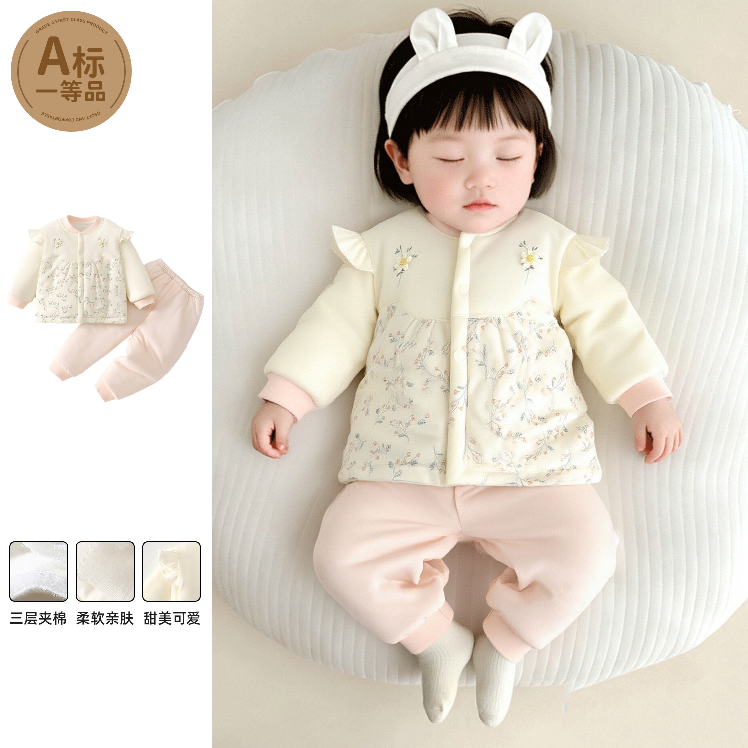 女宝宝夹棉套装秋冬加厚棉服套装