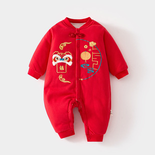 婴儿拜年服连体衣秋冬装加棉120克夹棉加厚大红女宝宝连身衣爬服