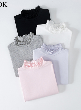 女童洋气长袖上衣T恤春秋儿童黑白色薄款莫代尔半高领花边打底衫