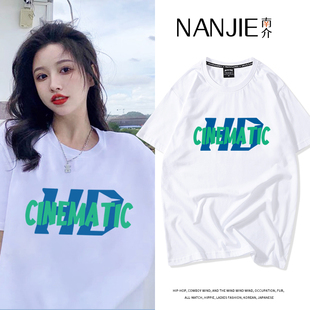 纯棉白色正肩字母短袖T恤女韩版宽松慵懒风ins美式潮牌显瘦上衣夏