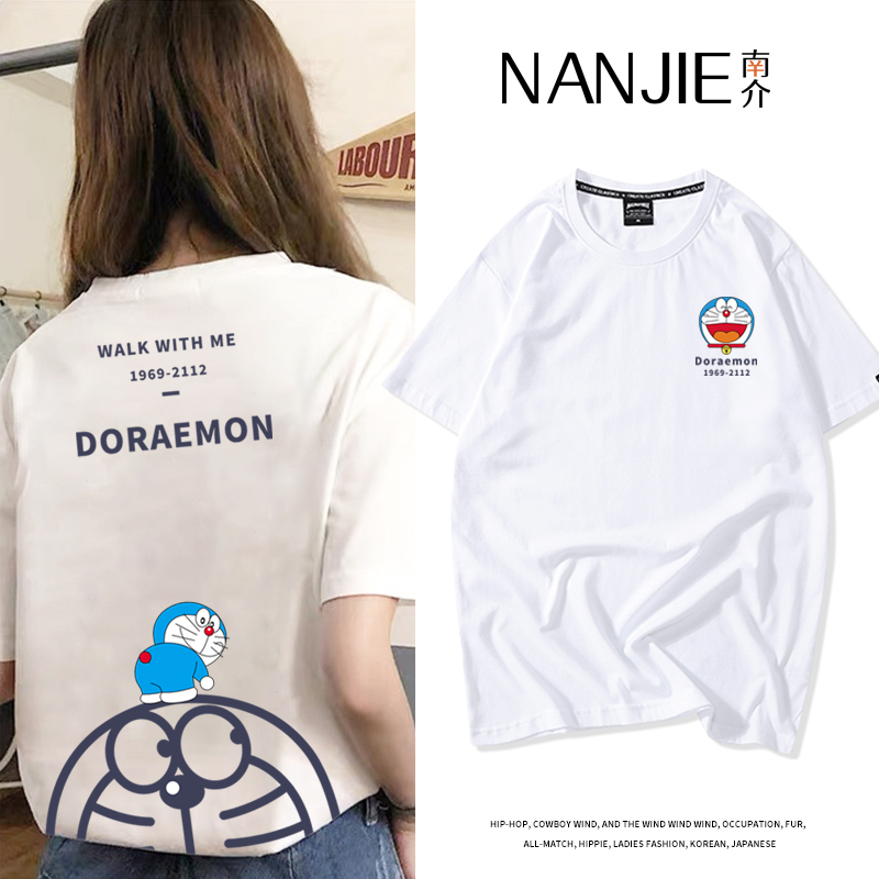 叮当猫情侣短袖联名T恤女日系卡通机器猫大码宽松显瘦百搭上衣潮