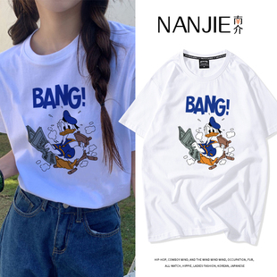 韩系卡通唐老鸭短袖 宽松白色百搭上衣 T恤女ulzzang小众超火韩版