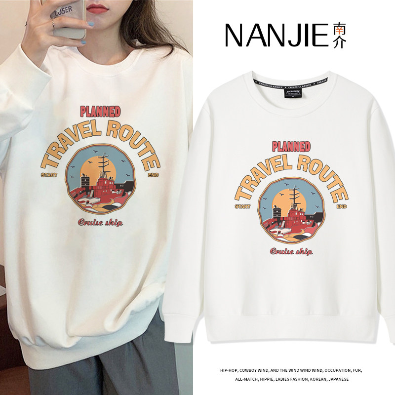 冬季白色卫衣女士秋冬加绒小众设计感日系复古宽松无帽圆领上衣潮