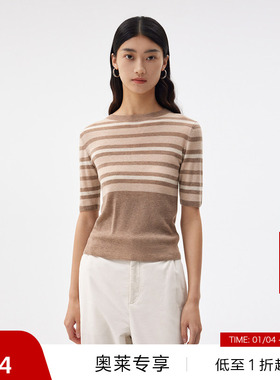 【播奥莱】播商场同款领口撞色针织衫春秋条纹毛衫女BDQ3SD0455