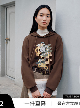 【播奥莱】播连帽设计时髦印花卫衣女冬休闲宽松上衣BDR4VD3994