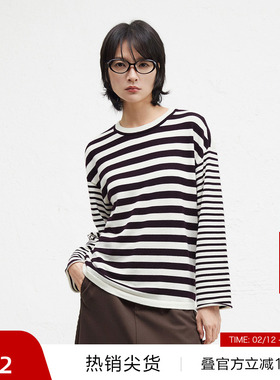 【100%羊毛】播奥莱商场同款冬新休闲圆领条纹针织衫女BDR9SD4200