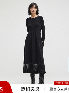【播奥莱】播黑色中长款修身打底针织连衣裙女显瘦长裙DDR4LD5069