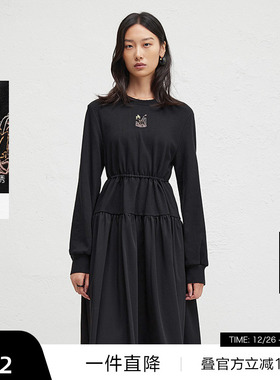 【播奥莱】播秋黑色刺绣连衣裙女收腰显瘦圆领长裙DDR4LD5102