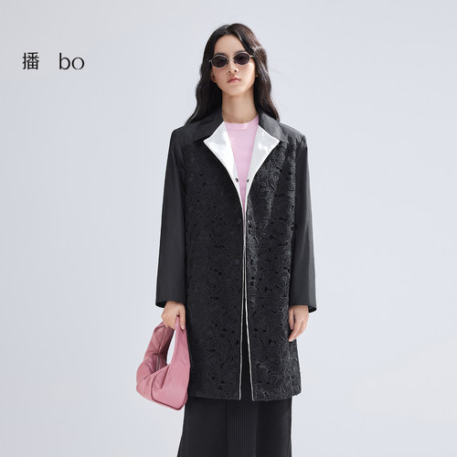 黑白撞色翻领，立体编织盘花