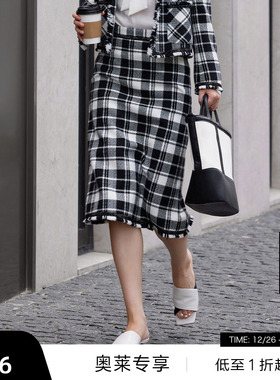 【播奥莱】播商场同款气质包臀裙女春秋格纹开叉半身裙BDQ3BD0317