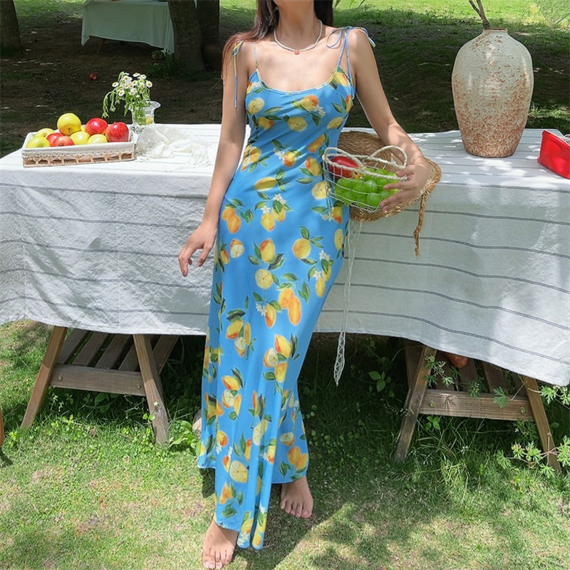 chenopod自制2026春夏澳洲小众U领柠檬印花收腰度假吊带长裙女