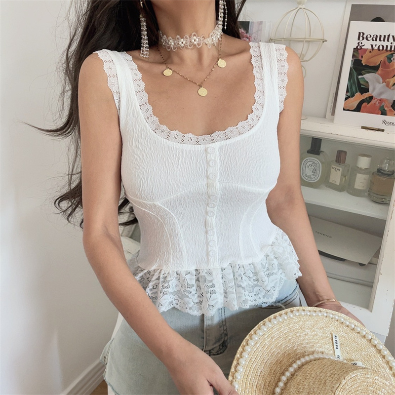 法式方领蕾丝仙女收腰背心吊带