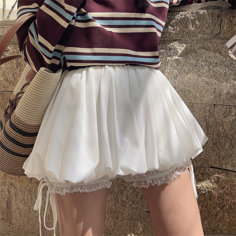 带安全裤高腰蕾丝边花苞裙半身裙