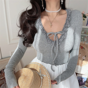 chenopod自制2026春季百搭不挑人蕾丝花边绑带弹力长袖T恤打底衫