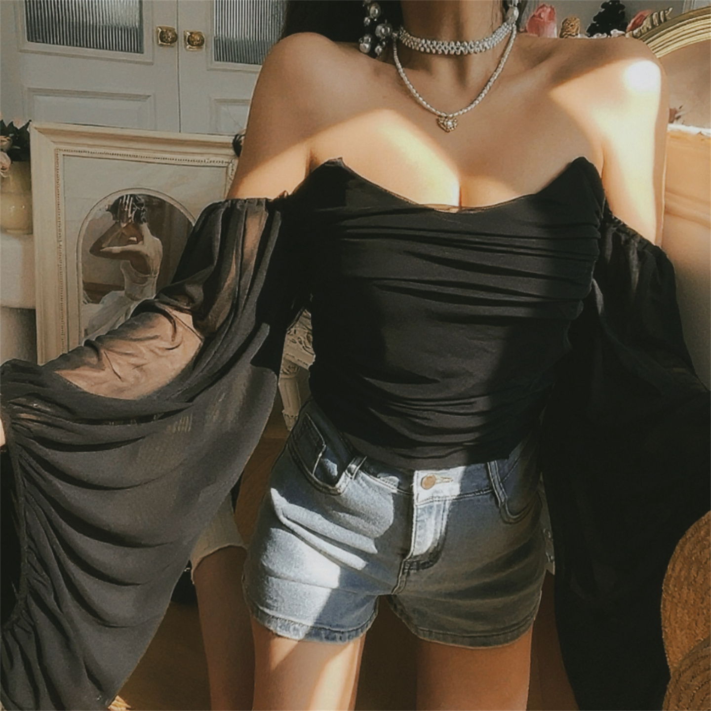 性感一字肩灯笼袖网纱黑色衬衫