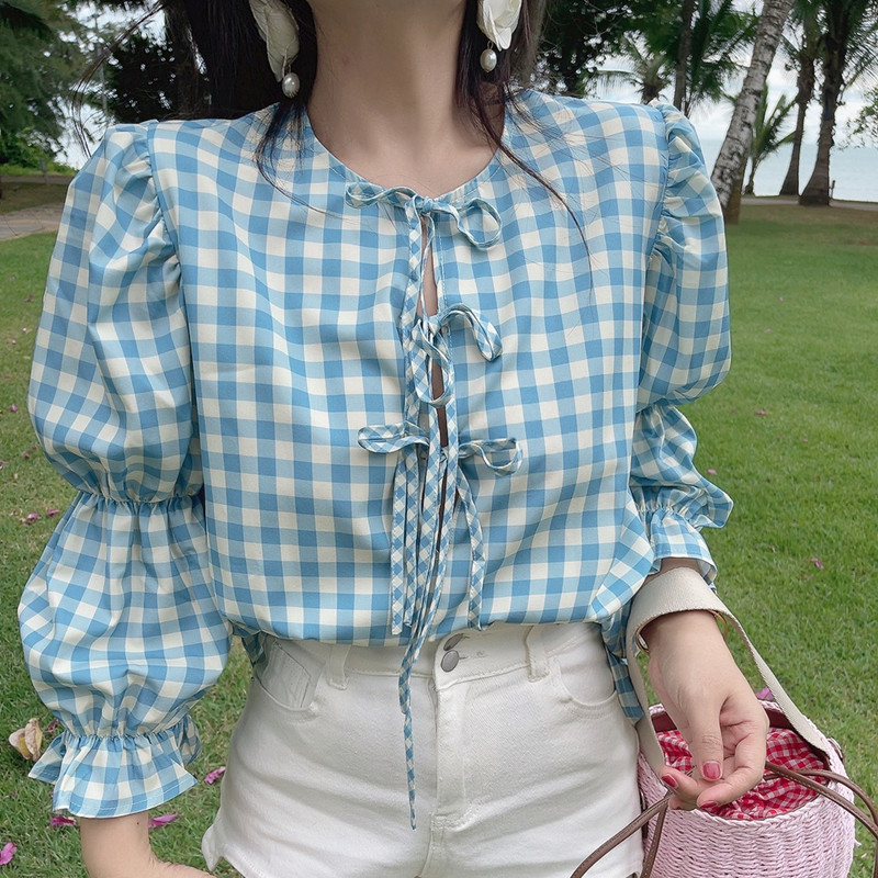 田园格子泡泡袖蝴蝶结绑带衬衫