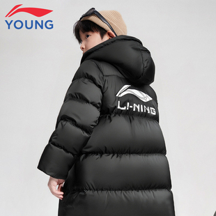 【微瑕特价】李宁中长款羽绒服男童连帽加厚保暖黑色宽松运动外套