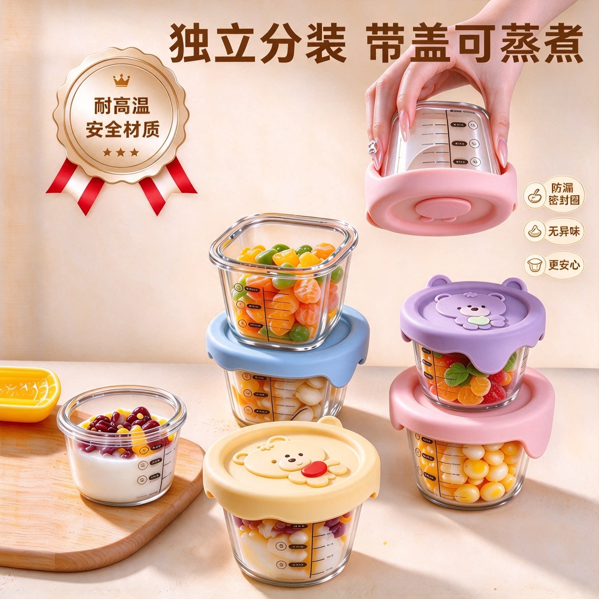 玻璃辅食碗硅胶盖可蒸煮独立分装