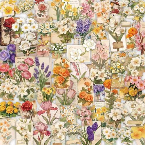 62张PET自粘复古花卉手帐贴纸