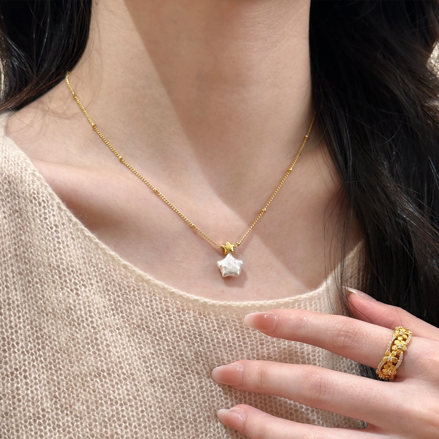 谷岚天然淡水珍珠星星吊坠项链