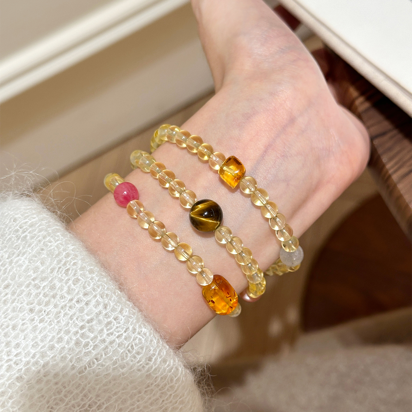 谷岚「蜜糖银河」多圈叠戴黄水晶多宝手串女款虎眼石月光石手链