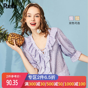 碎花雪纺衫女短袖2019夏季新款韩版宽松衬衫学生洋气小衫V领上衣