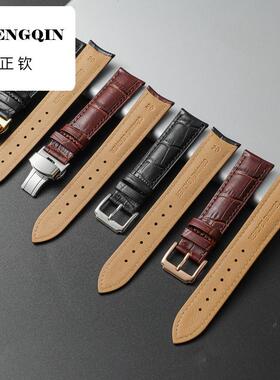 正钦弧形接口头层牛皮玫瑰金适配罗西尼杜鲁尔金色蝴蝶扣黑色表带