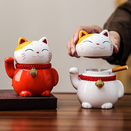 招财猫陶瓷烟灰缸带盖防飞灰摆件