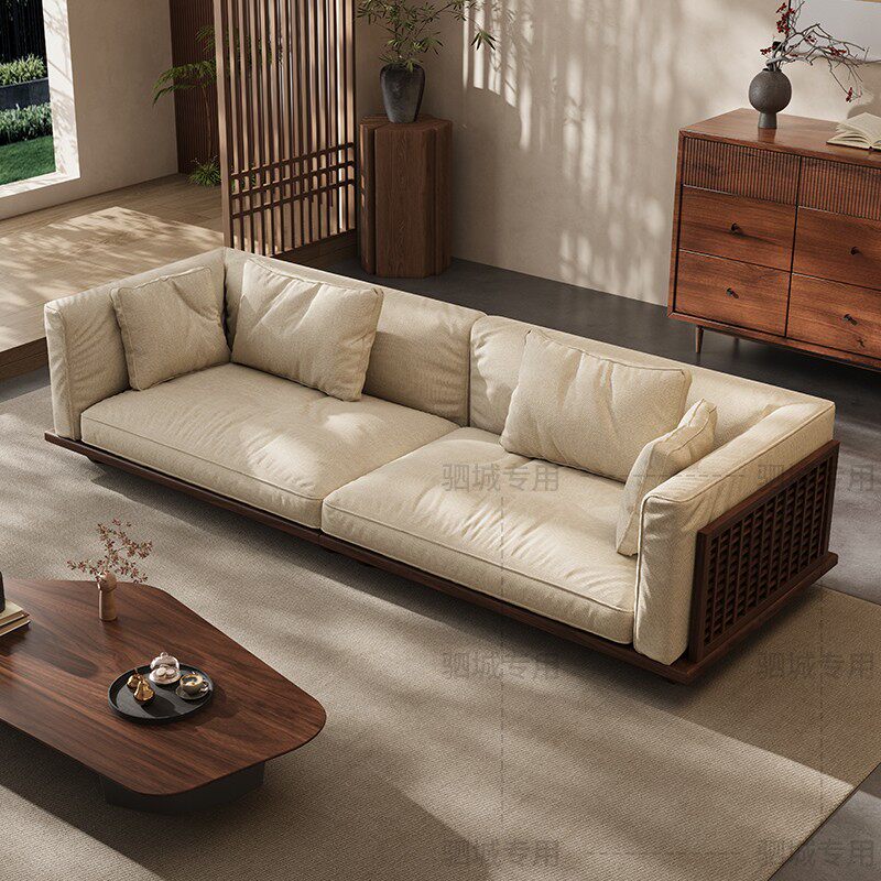 宋氏美学黑胡桃木棉麻直排沙发现代简约客厅2025新款实木布艺沙发