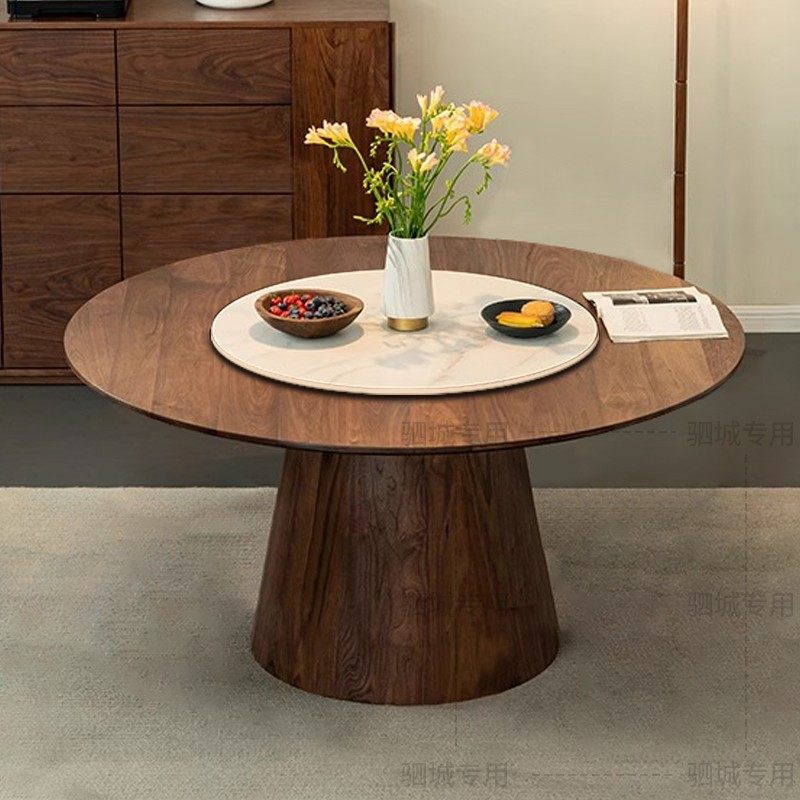 新中式黑胡桃木实木餐桌椅组合现代简约家用客厅圆形饭桌带转盘