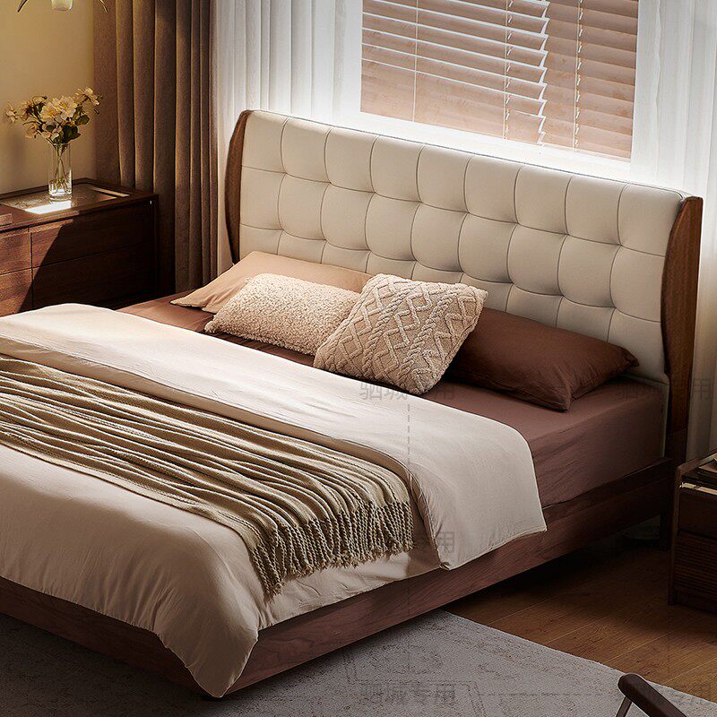 黑胡桃木实木悬浮床1.5m极简家用华夫格床小户型主卧婚床双人大床