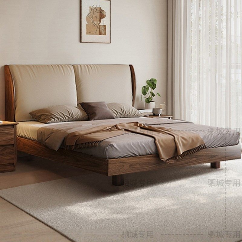 黑胡桃木实木软包床现代简约家用双人床2025新款主卧悬浮软包婚床