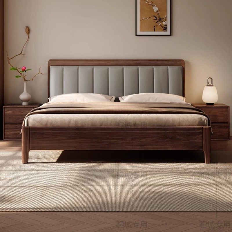 黑胡桃木实木床1.8米双人床真皮软包床家用卧室大床2025新款婚床