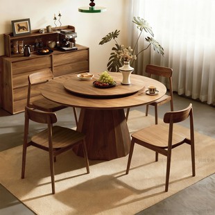 黑胡桃木圆形餐桌2025新款实木餐桌现代简约家用带转盘别墅圆餐桌