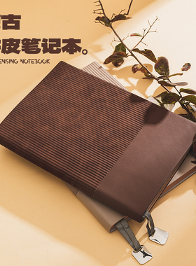 100g加厚道林纸简单商务拼接灯芯绒竖条纹A5简约笔记本本子刷边挂坠日记本定制LOGO手账本加厚复古记事本