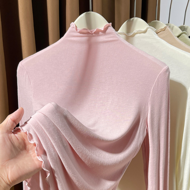 粉色木耳边内搭小衫女春秋2025新款超弹皮肤衣女紧身莫代尔打底衫