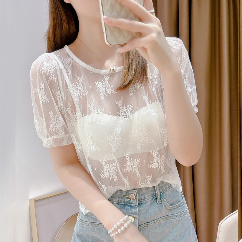 吊带裙内搭打底衫女夏季新款透视白色蕾丝短袖上衣搭配连衣裙罩衫