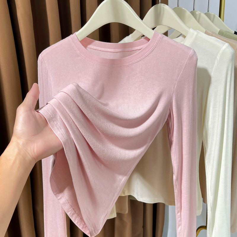 粉色小圆领莫代尔t恤女长袖2025新款软糯薄款针织打底衫内搭小衫,女装/女士精品,T恤,淘宝优惠券,粉丝福利购,淘宝优惠卷