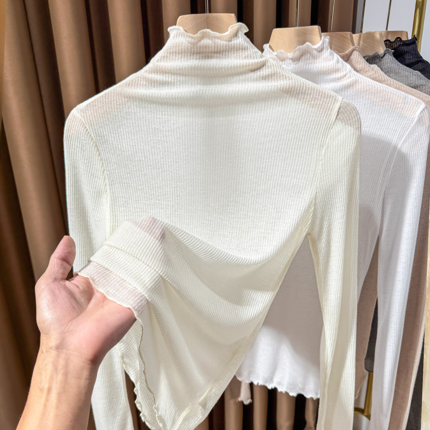 高领薄款螺纹针织打底衫女2025新款木耳边高级感叠穿内搭修身小衫