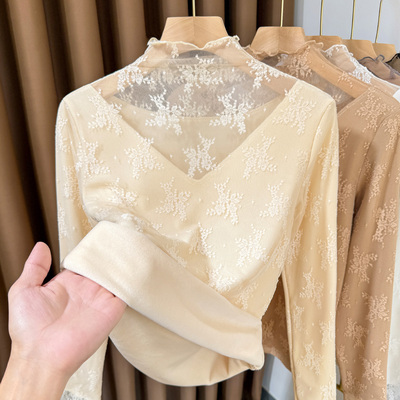 2025新款半高领蕾丝加绒打底衫女秋冬保暖内搭木耳边网纱高级纱衣
