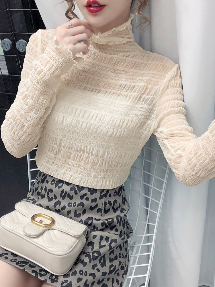 半透明黑色高领蕾丝打底衫女长袖毛衣内搭洋气百褶紧身网纱上衣女