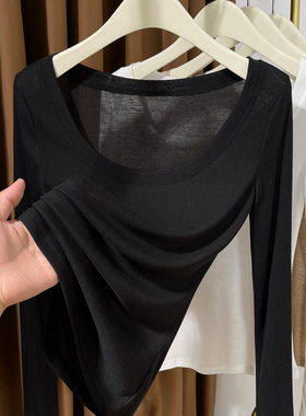 黑色针织低领薄款打底衫女秋冬新款设计感大圆领长袖t恤女上衣