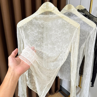 提花薄纱 木耳边网纱打底衫 半高领蕾丝叠穿内搭洋气小衫 女秋冬新款