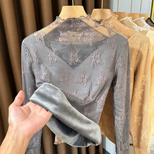 半高领加绒蕾丝打底衫 秋冬保暖叠穿内搭木耳边网纱上衣 女2025新款